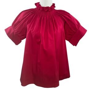 Monica Nera Franka High Neck Cotton Short Sleeve Top CHERRY RED  Small S NEW